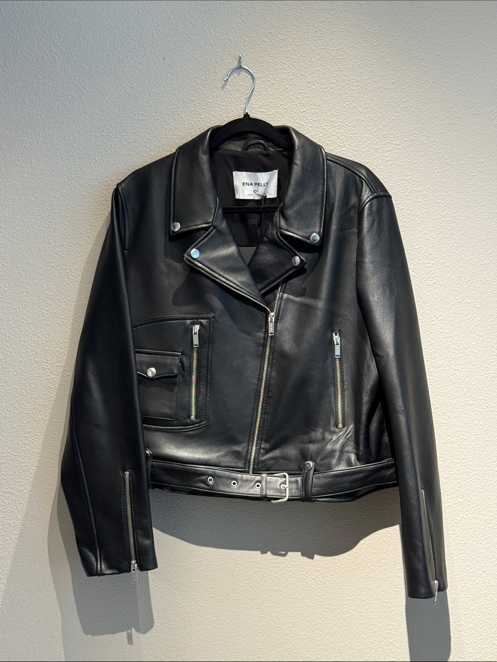 ENA PELLY Black 100% Leather Moto Jacket